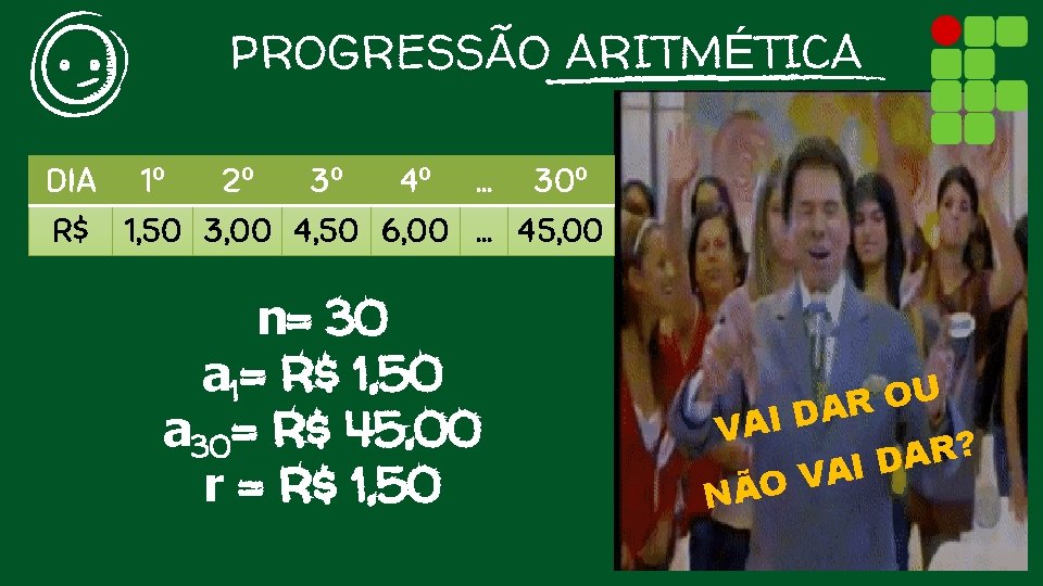 PROGRESSÃO ARITMÉTICA DIA 1º 2º 3º 4º. . . 30º R$ 1, 50 3,