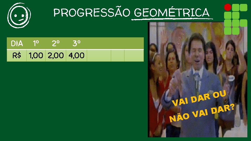 PROGRESSÃO GEOMÉTRICA DIA 1º 2º 3º R$ 1, 00 2, 00 4, 00 U