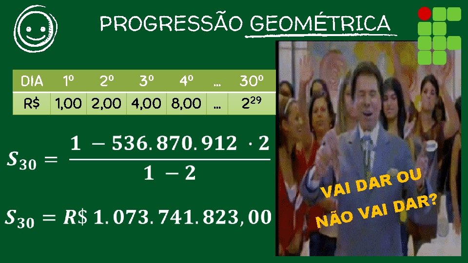 PROGRESSÃO GEOMÉTRICA DIA 1º 2º 3º 4º. . . R$ 1, 00 2, 00