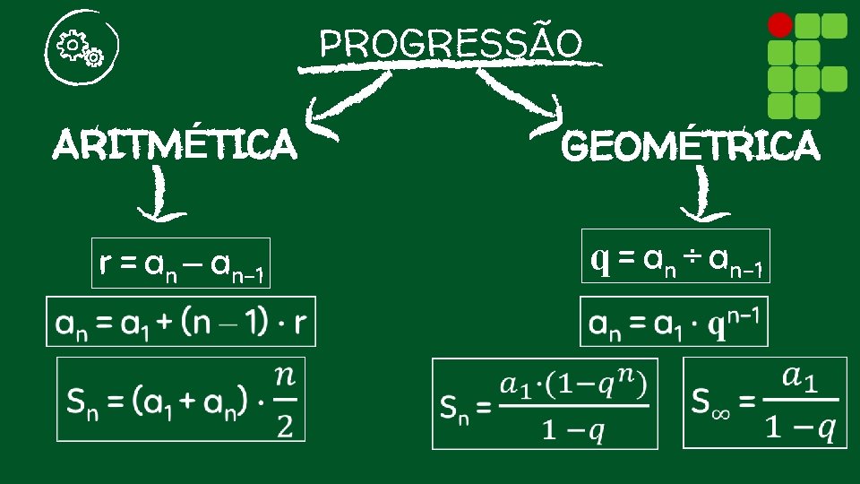 PROGRESSÃO ARITMÉTICA r = an – an-1 GEOMÉTRICA q = an ÷ an-1 