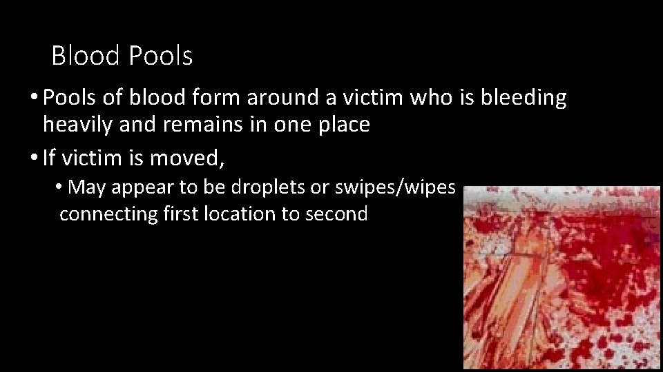 Blood Pools • Pools of blood form around a victim who is bleeding heavily