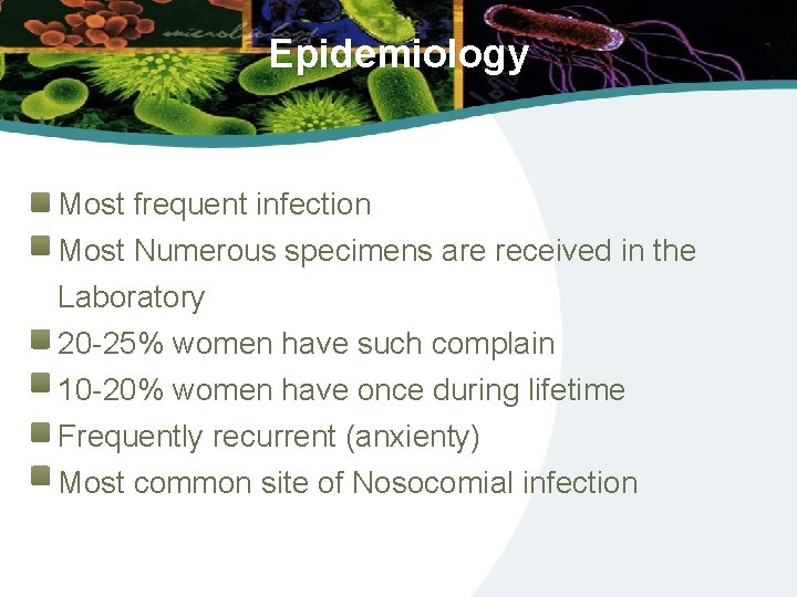 Epidemiology Most frequent infection Most Numerous specimens are received in the Laboratory 20 -25%
