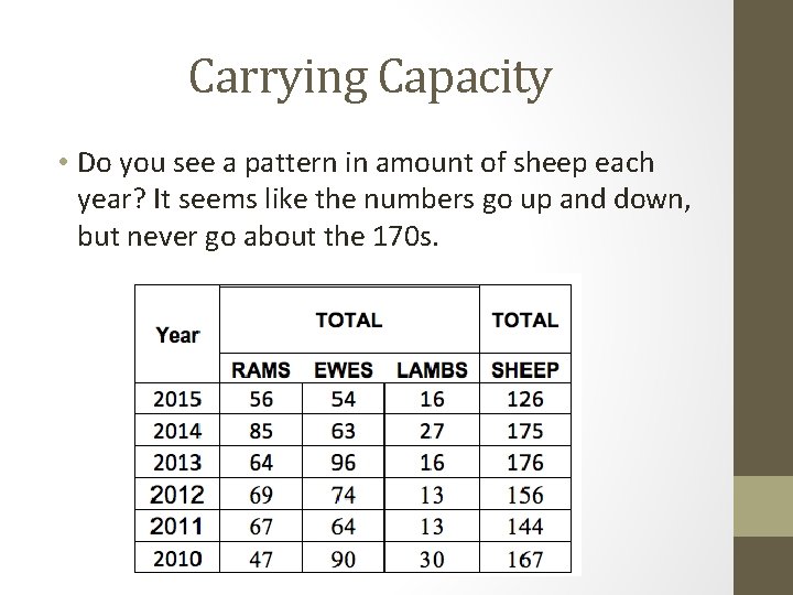 Carrying Capacity • Do you see a pattern in amount of sheep each year?