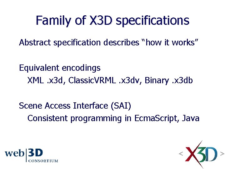 Family of X 3 D specifications Abstract specification describes “how it works” Equivalent encodings Family of X 3 D specifications Abstract specification describes “how it works” Equivalent encodings