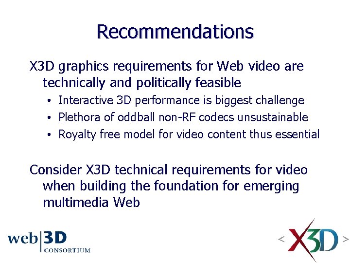 Recommendations X 3 D graphics requirements for Web video are technically and politically feasible Recommendations X 3 D graphics requirements for Web video are technically and politically feasible