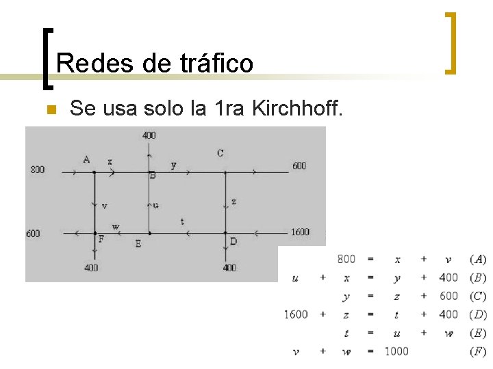 Redes de tráfico n Se usa solo la 1 ra Kirchhoff. 