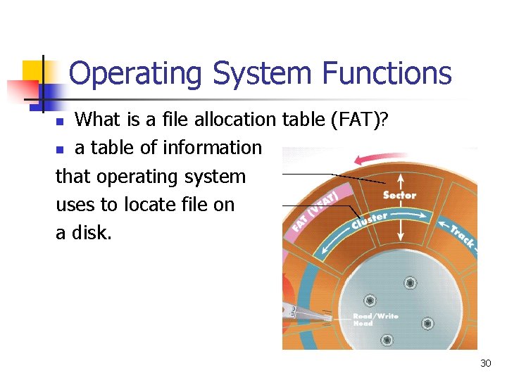 Operating System Functions What is a file allocation table (FAT)? n a table of