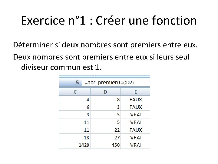 Exercice n° 1 : Créer une fonction Déterminer si deux nombres sont premiers entre