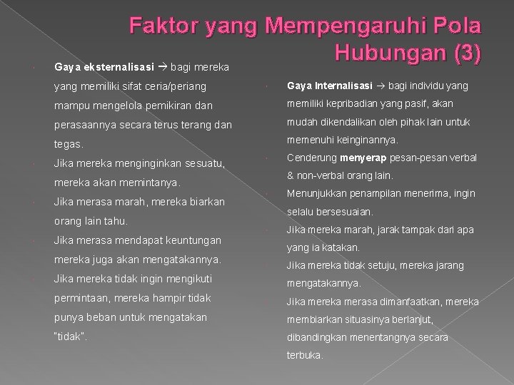  Faktor yang Mempengaruhi Pola Hubungan (3) Gaya eksternalisasi bagi mereka yang memiliki sifat