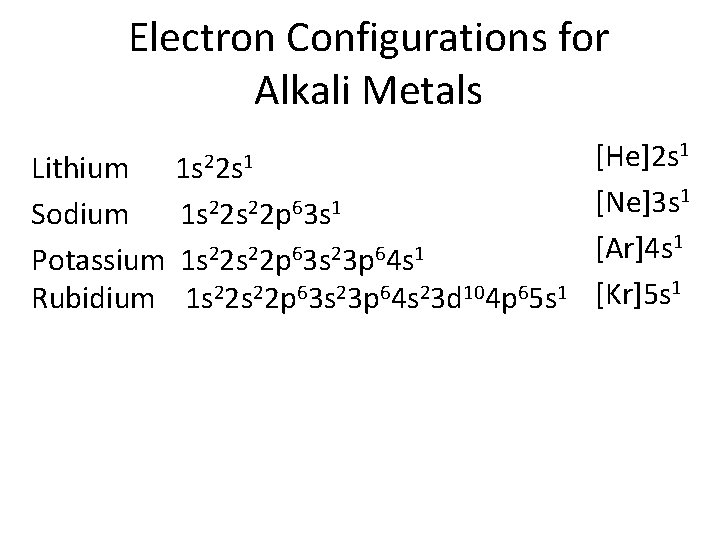 Electron Configurations for Alkali Metals 1 s 22 s 1 Lithium Sodium 1 s