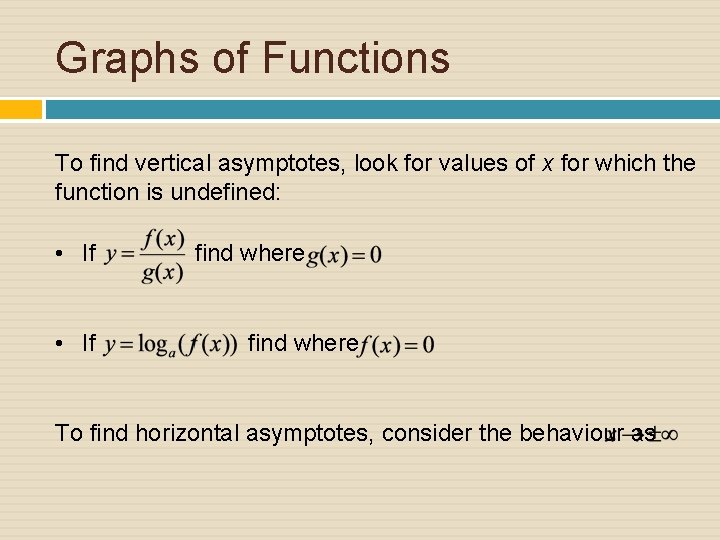 Graphs of Functions To find vertical asymptotes, look for values of x for which