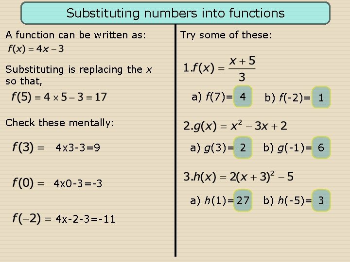 Substituting numbers into functions A function can be written as: Try some of these:
