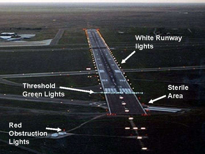 White Runway lights Threshold Green Lights Red Obstruction Lights Sterile Area 
