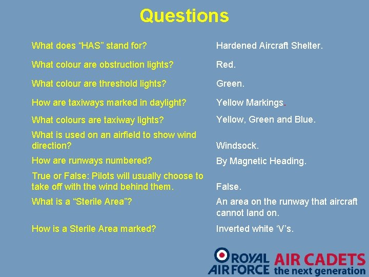 Questions What does “HAS” stand for? Hardened Aircraft Shelter. What colour are obstruction lights?
