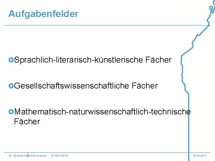 Aufgabenfelder Sprachlich-literarisch-künstlerische Fächer Gesellschaftswissenschaftliche Fächer Mathematisch-naturwissenschaftlich-technische Fächer 10 Wilhelm-Hittorf-Gymnasium EF 2017/2018 13. 03. 2017