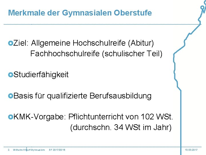 Merkmale der Gymnasialen Oberstufe Ziel: Allgemeine Hochschulreife (Abitur) Fachhochschulreife (schulischer Teil) Studierfähigkeit Basis für