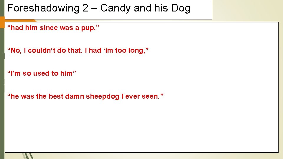 Foreshadowing 2 – Candy and his Dog “had him since was a pup. ”