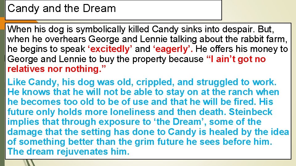 Candy and the Dream When his dog is symbolically killed Candy sinks into despair.