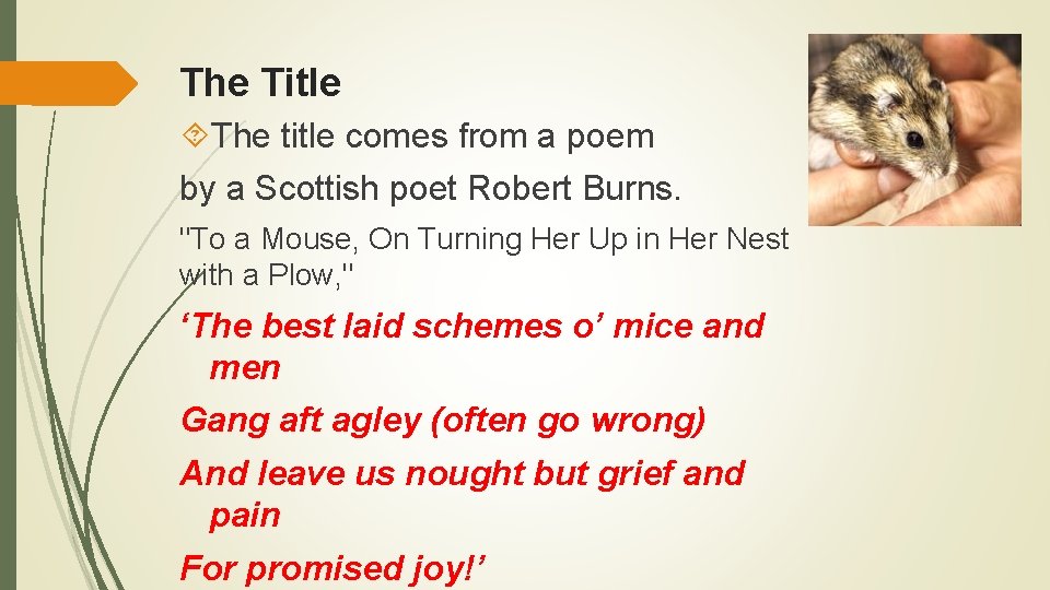 The Title The title comes from a poem by a Scottish poet Robert Burns.