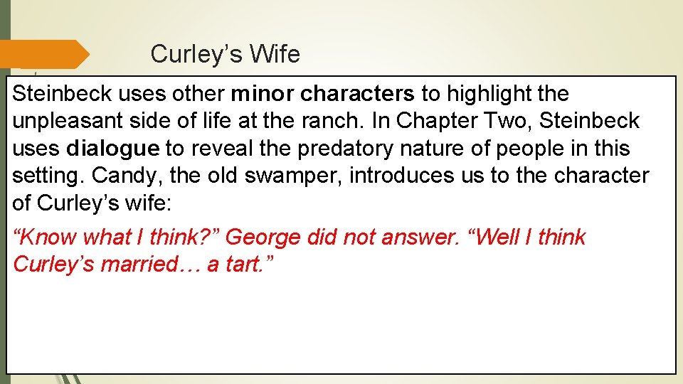 Curley’s Wife Steinbeck uses other minor characters to highlight the unpleasant side of life
