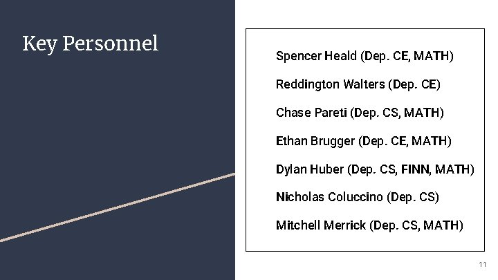 Key Personnel Spencer Heald (Dep. CE, MATH) Reddington Walters (Dep. CE) Chase Pareti (Dep.