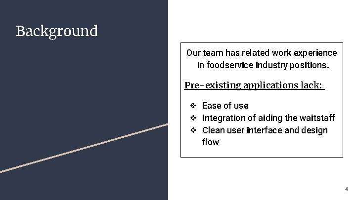 Background Our team has related work experience in foodservice industry positions. Pre-existing applications lack: