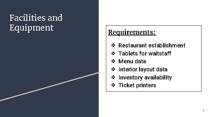 Facilities and Equipment Requirements: ❖ ❖ ❖ Restaurant establishment Tablets for waitstaff Menu data