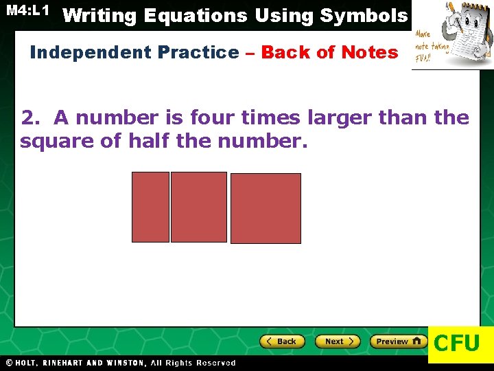 M 4: L 1 Writing Equations Using Symbols Independent Practice – Back of Notes