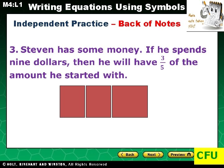 M 4: L 1 Writing Equations Using Symbols Independent Practice – Back of Notes