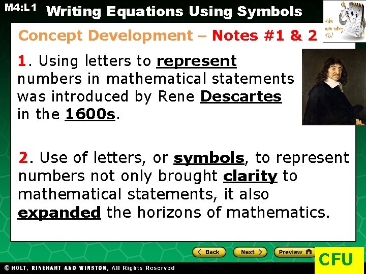 M 4: L 1 Writing Equations Using Symbols Concept Development – Notes #1 &