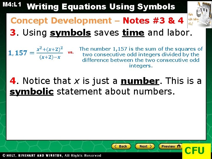 M 4: L 1 Writing Equations Using Symbols Concept Development – Notes #3 &