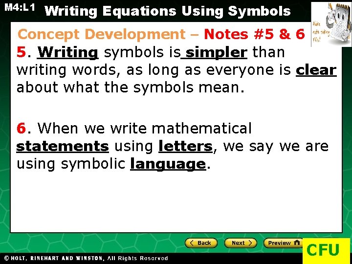 M 4: L 1 Writing Equations Using Symbols Concept Development – Notes #5 &