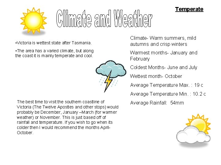 Temperate • Victoria is wettest state after Tasmania. • The area has a varied