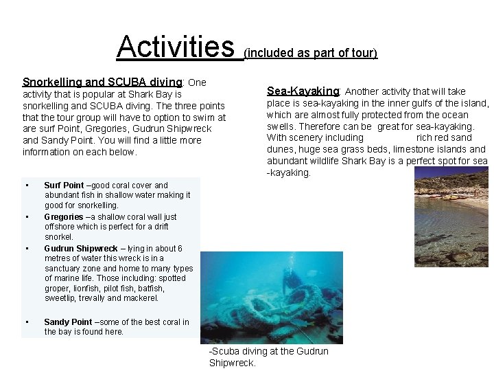 Activities (included as part of tour) Snorkelling and SCUBA diving: One activity that is