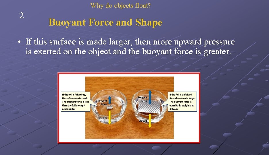 Why do objects float? 2 Buoyant Force and Shape • If this surface is