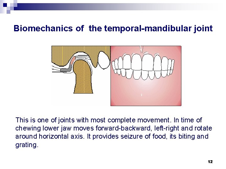 Biomechanics of the temporal-mandibular joint This is one of joints with most complete movement.