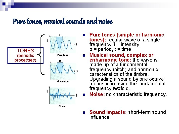 Pure tones, musical sounds and noise n TONES (periodic processes) n n n Pure