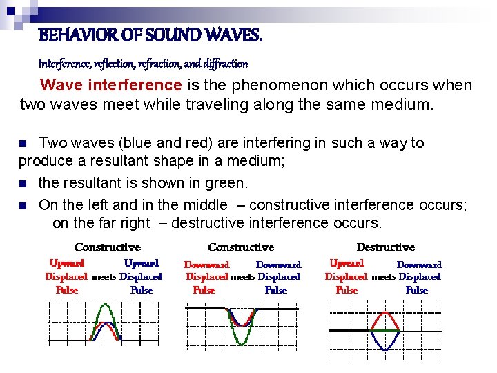 BEHAVIOR OF SOUND WAVES. Interference, reflection, refraction, and diffraction Wave interference is the phenomenon