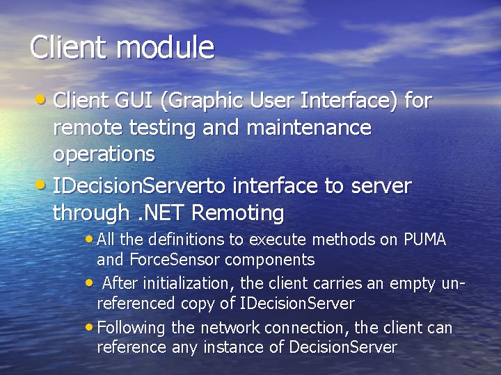 Client module • Client GUI (Graphic User Interface) for remote testing and maintenance operations