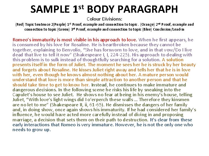 SAMPLE 1 st BODY PARAGRAPH Colour Divisions: (Red) Topic Sentence 2(Purple) 1 st Proof,