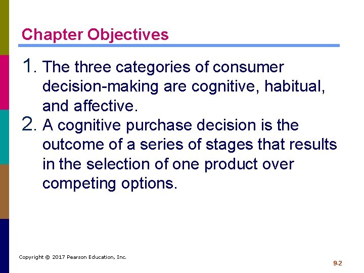 Chapter Objectives 1. The three categories of consumer decision-making are cognitive, habitual, and affective.