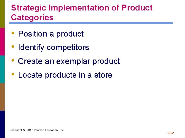 Strategic Implementation of Product Categories • • Position a product Identify competitors Create an