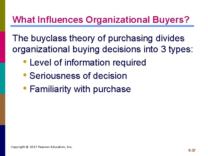 What Influences Organizational Buyers? The buyclass theory of purchasing divides organizational buying decisions into