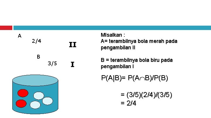 A 2/4 II B 3/5 I MIsalkan : A= terambilnya bola merah pada pengambilan