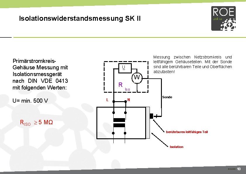 Isolationswiderstandsmessung SK II Primärstromkreis. Gehäuse Messung mit Isolationsmessgerät nach DIN VDE 0413 mit folgenden