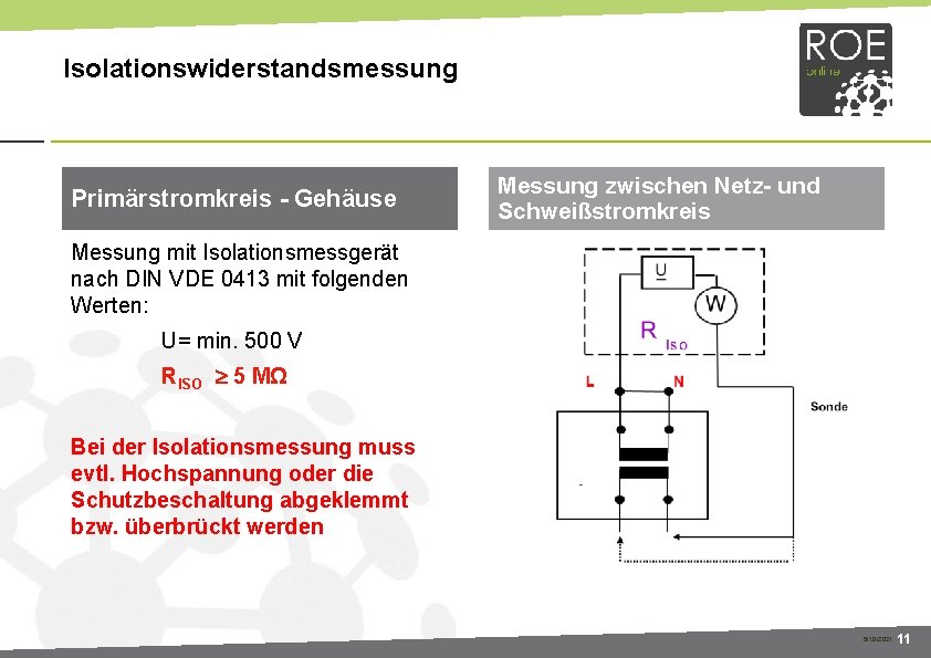 Isolationswiderstandsmessung SK I und II Primärstromkreis - Gehäuse Messung zwischen Netz- und Schweißstromkreis Messung