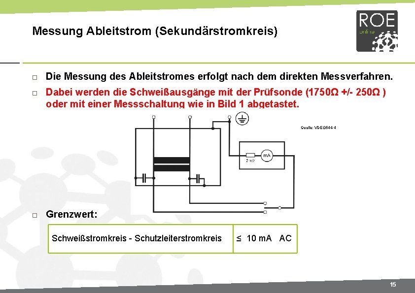 Messung Ableitstrom (Sekundärstromkreis) Die Messung des Ableitstromes erfolgt nach dem direkten Messverfahren. Dabei werden