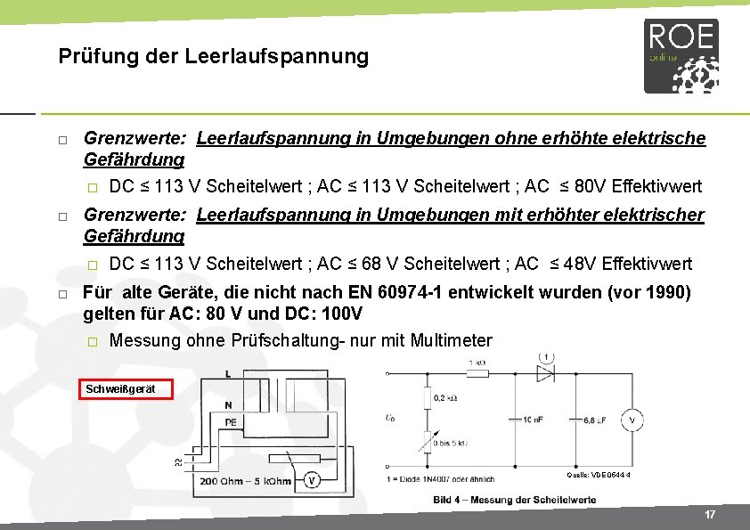 Prüfung der Leerlaufspannung Grenzwerte: Leerlaufspannung in Umgebungen ohne erhöhte elektrische Gefährdung � Grenzwerte: Leerlaufspannung