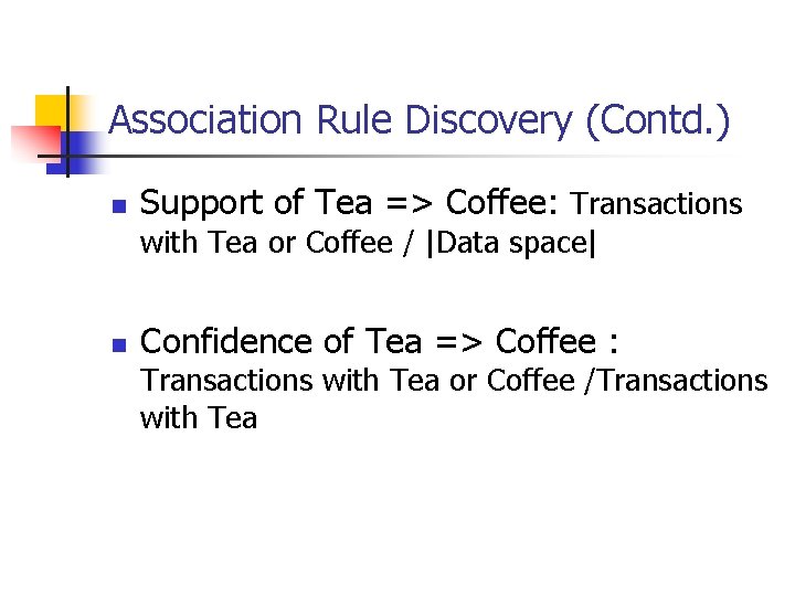 Association Rule Discovery (Contd. ) n Support of Tea => Coffee: Transactions with Tea