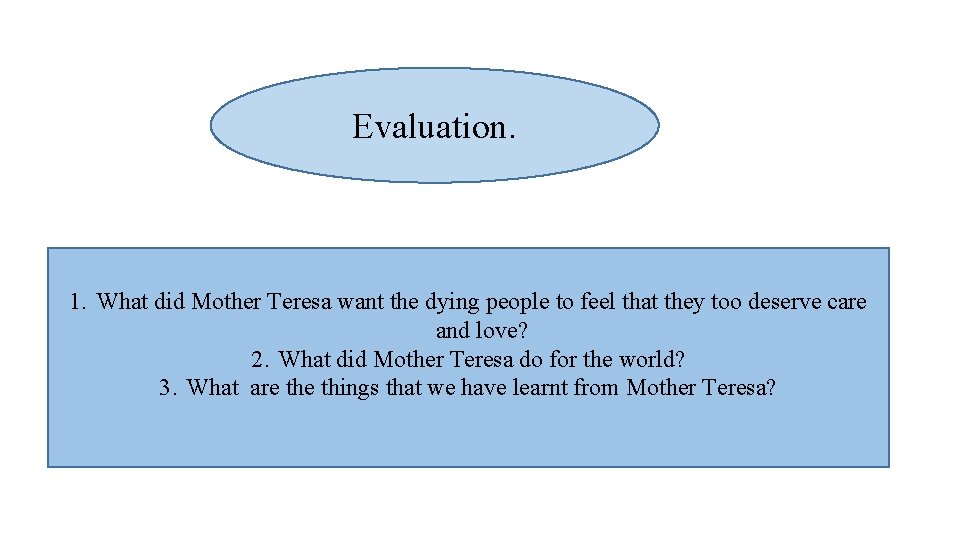 Evaluation. 1. What did Mother Teresa want the dying people to feel that they